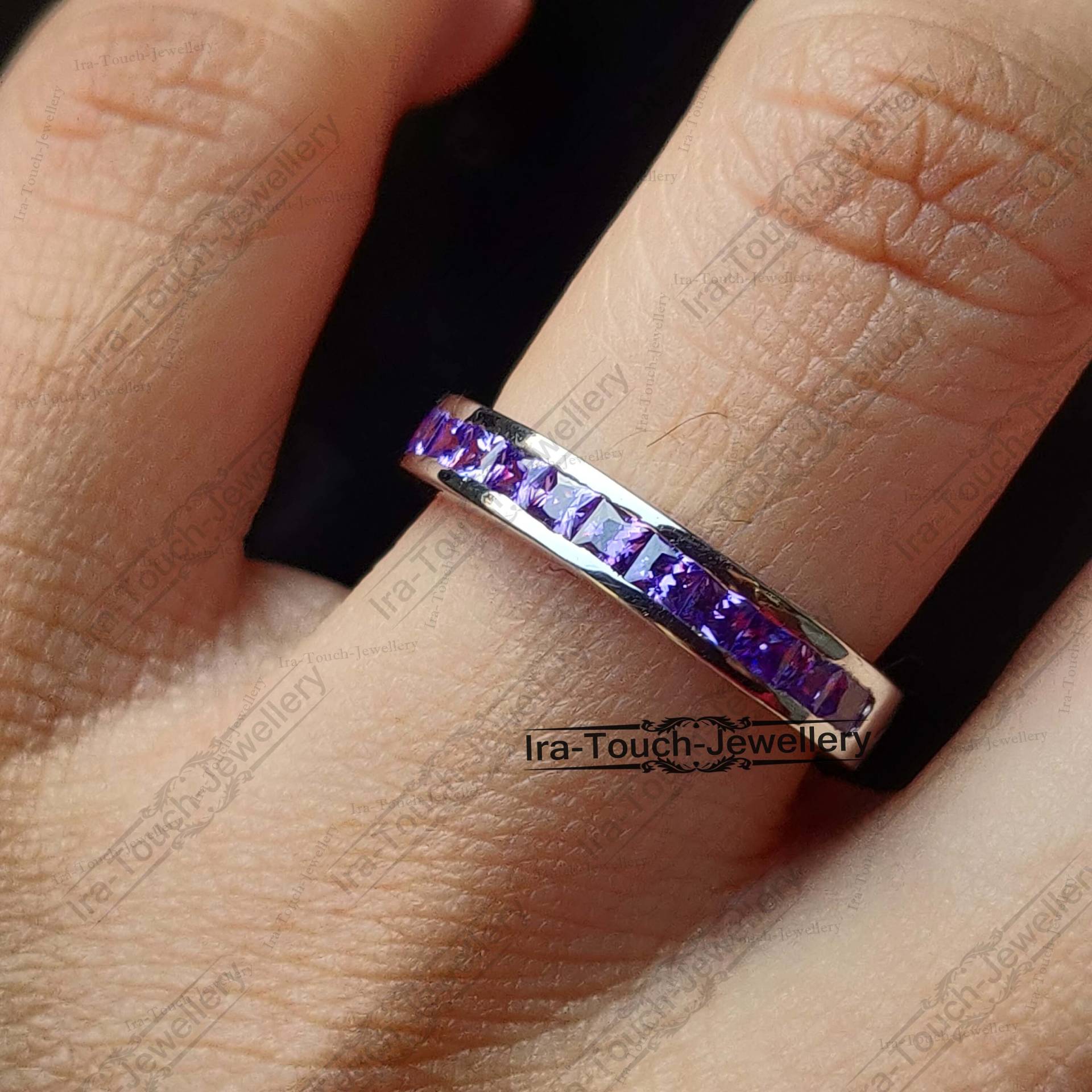 Amethyst Diamant Ehering Massiv 14K Weißgold Halbe Ewigkeit Ring Verlobungsring Stapelring Band Jahrestag Für Frauen von IraTouchJewellery