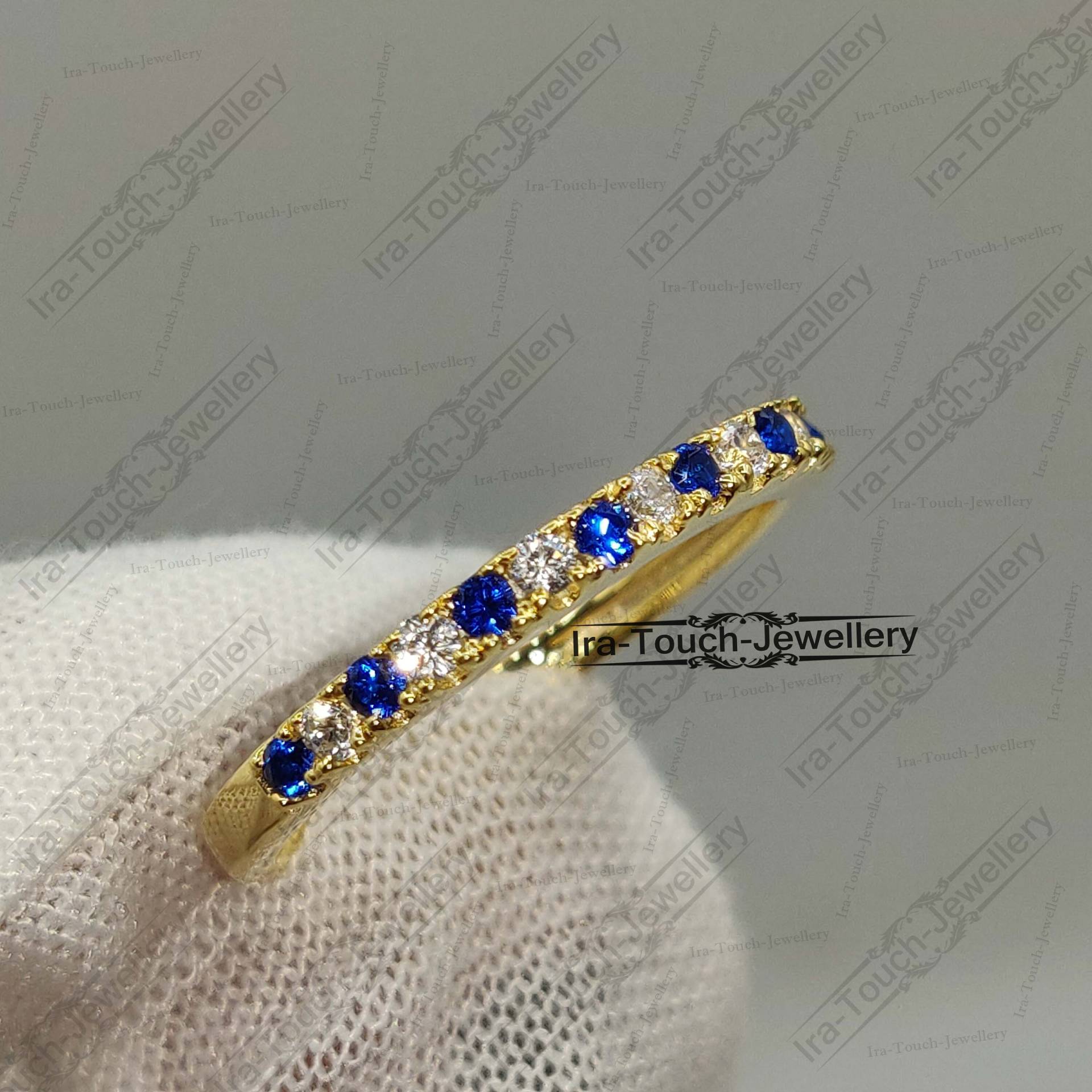 Blauer Diamant Ehering Massiv 14K Gelbgold Halbe Ewigkeit Ring Verlobungsring Stapelring Band Jahrestag Für Frauen von IraTouchJewellery