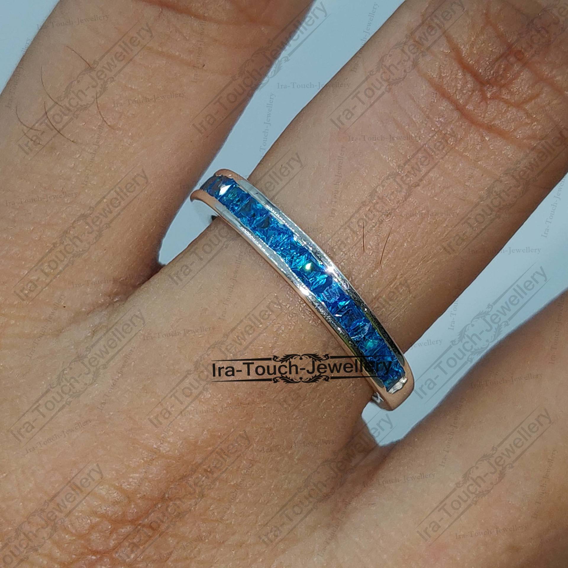 Blautopas Band Halbe Ewigkeit Ehering Blau Saphir Sterling Silber Stapelring 2mm Orange Jubiläum von IraTouchJewellery