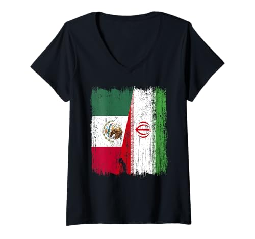Damen Mexiko Iran Halbflagge Mexikanisch Iranisches Trikot T-Shirt mit V-Ausschnitt Damen Mexiko Iran Halbflagge Mexikanisch Iranisches Trikot T-Shirt mit V-Ausschnitt von Iran Flag Designs Proud Iranian Roots