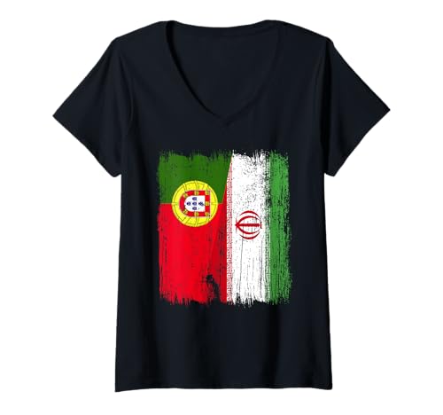 Damen Portugal Iran Halbflagge portugiesisch iranisches Trikot T-Shirt mit V-Ausschnitt Damen Portugal Iran Halbflagge portugiesisch iranisches Trikot T-Shirt mit V-Ausschnitt von Iran Flag Designs Proud Iranian Roots
