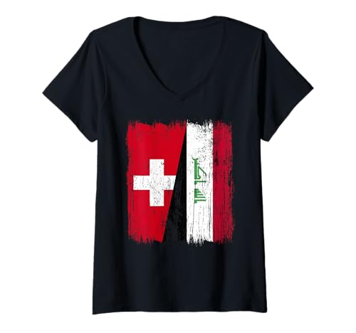 Damen Schweiz Irak Halbflagge Schweiz Irak Trikot T-Shirt mit V-Ausschnitt von Iraq Flag Designs Proud Iranian Roots