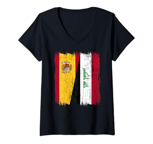 Damen Spanien Irak Halbflagge Spanisch Irak Trikot T-Shirt mit V-Ausschnitt von Iraq Flag Designs Proud Iranian Roots