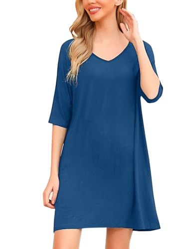 Irdcomps Nachthemd Damen Große Größen Schlafshirt Baumwolle Bigshirts zum Schlafen Langarm Nachtkleid Übergröße Blau XL von Irdcomps