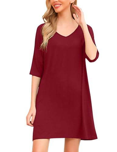 Irdcomps Damen Nachthemd Baumwolle Große Größen Schlafshirts Modal Kurzarm Sleepshirt Oversize Bigshirts zum Schlafen Rot XXL von Irdcomps