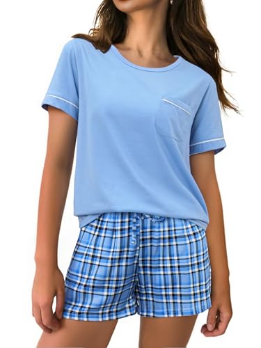 Irdcomps Schlafanzug Damen Kurz Pyjama Shorty Sommer Baumwolle Zweiteilige Nachtwäsche Schlafanzüge Rundhals Blau M von Irdcomps