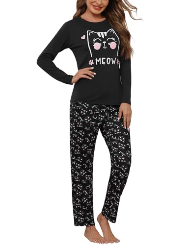 Irdcomps Damen Schlafanzug Lang Pyjama Winter Baumwolle Nachtwäsche Set mit Pyjamahose Schwarz S von Irdcomps