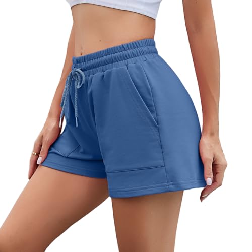 Irdcomps Damen Shorts Kurze Hose Sportshorts Jogginghose Baumwolle Sporthose Basketball Shorts High Waist Leicht Freizeit Fitness Shorts mit Taschen Sommer Casual Gym Blau M von Irdcomps