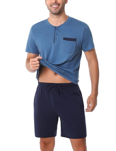 Irdcomps Herren Pyjama Kurz Baumwolle Schlafanzug Sommer Nachtwäsche Shorty Freizeitanzug Kurzarm Knopfleister Oberteil Pyjamahose mit Taschen Blau M von Irdcomps