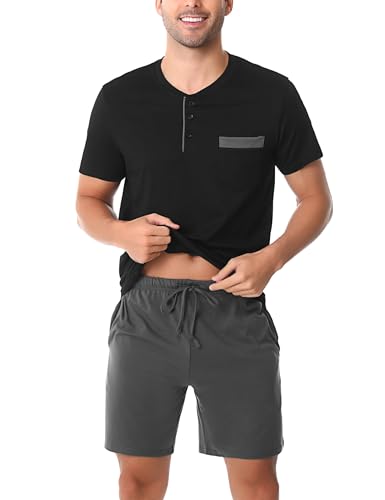 Irdcomps Herren Pyjama Set Kurz Baumwolle Schlafanzug Shorty Zweiteilige Nachtwäsche Schlaf Set Kurzärmlige T-Shirt Rundhals Short mit Elastischem Bund Schwarz L von Irdcomps