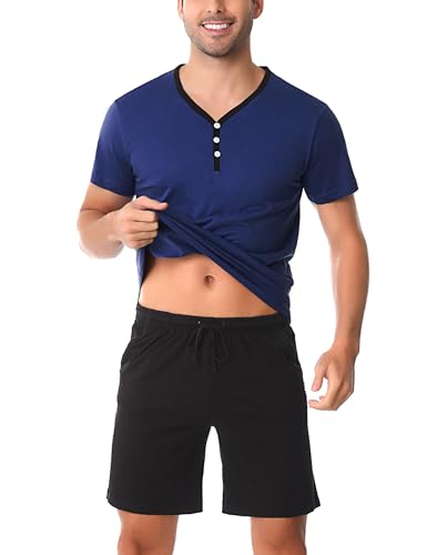 Irdcomps Herren Pyjamas Kurzarm Schlafanzug Kurz Baumwolle Kurzarm Männer Shorty Nachtwäsche zum Knöpfen Schlafshirts Schlafshorts Loungewear für Sommer Schwarzblau XL von Irdcomps