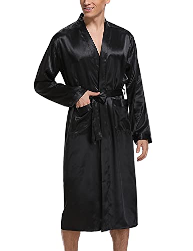 Irdcomps Herren Robe Satin Kimono Morgenmantel Lang Bademantel Leicht Seide Nachtwäsche Pyjama für Männer mit Gürtel Schwarz L von Irdcomps