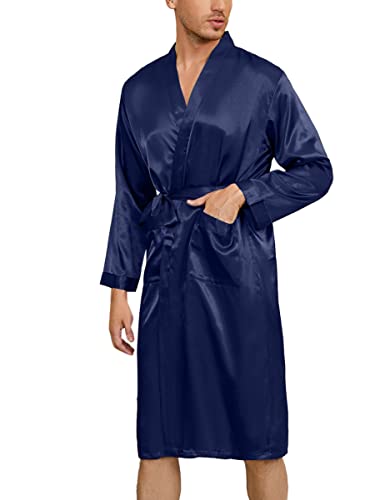 Irdcomps Herren Satin Bademantel Kimono Robe Lang Morgenmantel Leicht Seide Männer Nachtwäsche Pyjama V-Ausschnitt mit Gürtel Blau XXL von Irdcomps