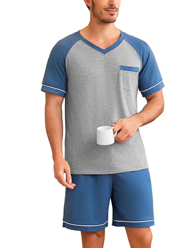 Irdcomps Pyjama Herren Schlafanzug Kurz Sommer Baumwolle Shorty Set Männer Kurzarm Nachtwäsche mit Shorts Blau L von Irdcomps
