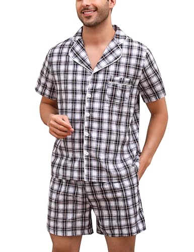 Irdcomps Herren Schlafanzug Kurz Pyjama Karierter Baumwolle Kurzarm Shorty Zweiteilige Nachtwäsche Männer Sommer Geknöpft Herrenpyjama Schwarz 3XL von Irdcomps