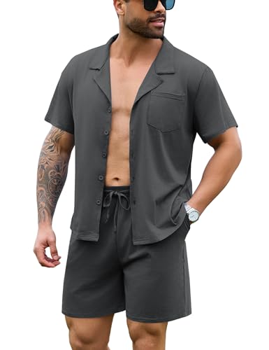 Irdcomps Herren Schlafanzug Kurz Pyjama Sommer Set Shorty Männer Baumwolle Nachtwäsche Kurzarm mit Knöpfen Grau 3XL von Irdcomps