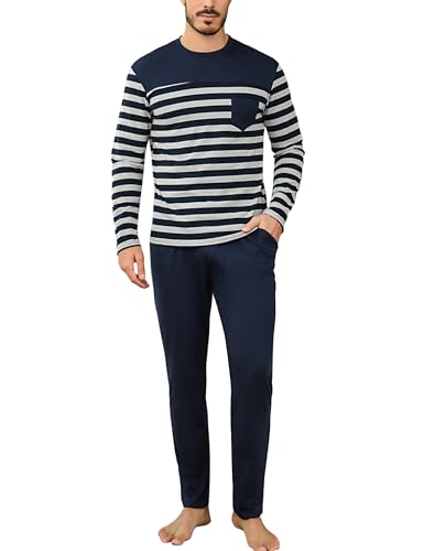 Irdcomps Herren Schlafanzug Lang Pyjama Baumwolle Winter Zweiteilige Nachtwäsche Set Männer Langarm mit Hosentaschen Blau 3XL von Irdcomps