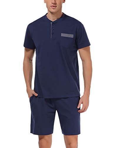 Irdcomps Herren Schlafanzug Sommer Kurzarm Pyjamas Kurz Baumwolle für Männer Shorty Nachtwäsche Hausanzug Freizeitanzug Loungewear Rundhals Shirts Shorts Navyblau M von Irdcomps