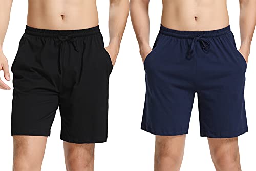 Irdcomps Schlafanzughosen Herren Kurz Pyjamahosen 100% Baumwolle Schlafhosen Schlafshorts Männer Bermudahosen Freizeithosen Shorty Sommer Shorts 2er Pack Nachtwäsche mit Taschen Schwarz Blau S von Irdcomps