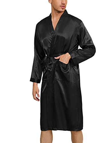 Irdcomps Kimono Robe Herren Satin Bademantel Lang Morgenmantel Leicht Seide Männer Nachtwäsche Pyjama V-Ausschnitt mit Gürtel Schwarz XL von Irdcomps