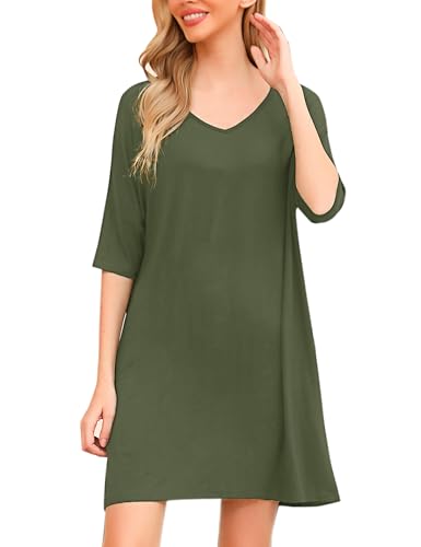 Irdcomps Nachthemd Damen Kurz Schlafshirt Oversize Baumwolle Große Größen Bigshirts zum Schlafen Sleepshirt Sexy 3/4 Ärmel Grün XXL von Irdcomps