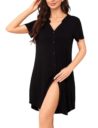 Irdcomps Nachthemd Damen Kurz Schlafshirt Sleepshirt Nachtkleid Nachtwäsche Schlafhemd Baumwolle Kurzarm Knopfleiste Sommer V-Ausschnitt mit Taschen Schwarz L von Irdcomps