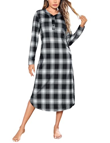 Irdcomps Nachthemd Damen Langarm Baumwolle Lang Schlafshirt Nachtwäsche Nachtkleid Karierte Schlafhemd V-Ausschnitt Knöpfe Schwarz M von Irdcomps