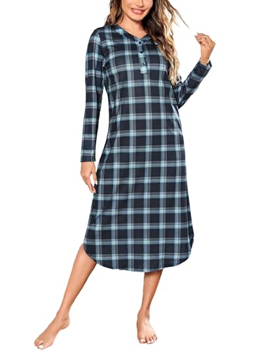 Irdcomps Nachthemd Damen Langarm Knöpfe Lang Baumwolle Schlafshirt Nachtwäsche Schlafkleid Karierte Schlafhemd V-Ausschnitt Blau XL von Irdcomps