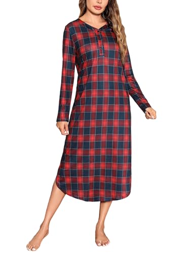 Irdcomps Nachthemd Damen Langarm Schlafshirt Lang Schlafkleid Baumwolle Nachtwäsche Karierte Schlafhemd V-Ausschnitt Knöpfe Schwarz Rot XL von Irdcomps