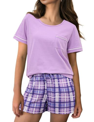 Irdcomps Pyjama Damen Kurz Schlafanzug Sommer Shorty Baumwolle Zweiteilige Nachtwäsche Set Schlafanzüge Kariert Lila S von Irdcomps