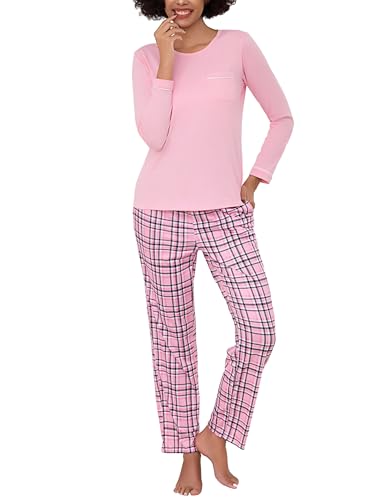 Irdcomps Pyjama Damen Lang Schlafanzug Baumwolle Winter Set Zweiteilige Nachtwäsche Karierte Schlafanzughose Langarm Nightwear Rosa S von Irdcomps
