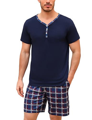 Irdcomps Pyjama Herren Kurz Karierter Schlafanzug Baumwolle Shorty Kurzarm Herrenpyjama Hausanzug Männer 2 Teilige Pyjamaset T-Shirt Schlafhose V-Ausschnitt Oberteil Schlafanzüge Sommer Navyblau XXL von Irdcomps