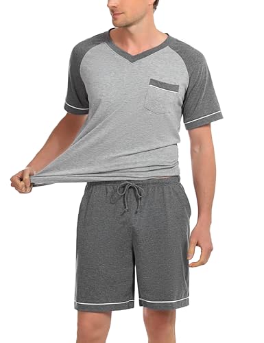 Irdcomps Pyjama Herren Kurz Schlafanzug Baumwolle Shorty Männer 2 Teilige Pyjamas Set Jungen Hausanzug Kurzarm Schlafshirt Schlafhose Atmungsaktive Nachtwäsche Sommer Freizeitanzug Bruttasche Grau XL von Irdcomps