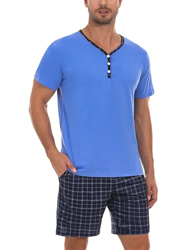 Irdcomps Pyjama Herren Kurz Schlafanzug Shorty Sommer Baumwolle Zweiteilige Nachtwäsche Männer Schlafanzüge Karierter mit Shorts Blau XL von Irdcomps