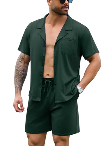 Irdcomps Pyjama Herren Kurz Schlafanzug Sommer Set Kurz Shorty Männer Baumwolle Nachtwäsche Knopfleister Kurzarm Grün XXL von Irdcomps