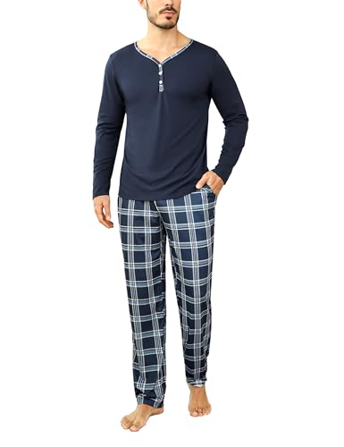 Irdcomps Pyjama Herren Lang Schlafanzug Baumwolle Zweiteilige Nachtwäsche Set Winter Männer mit Karierter Pyjamahose Dunkelblau XXL Irdcomps Pyjama Herren Lang Schlafanzug Baumwolle Zweiteilige Nachtwäsche Set Winter Männer mit Karierter Pyjamahose Dunkelblau XXL von Irdcomps