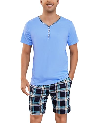 Irdcomps Pyjama Herren Schlafanzug Kurz Sommer Shorty Baumwolle Nachtwäsche Set Schlafanzüge Männer Karierter Hellblau XXL von Irdcomps