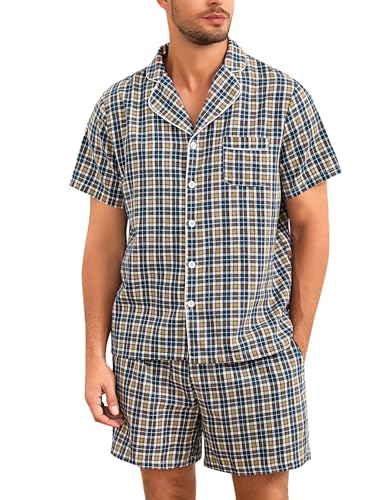 Irdcomps Pyjamas Herren Schlafanzug Kurz Sommer Shorty Baumwolle Zweiteilige Nachtwäsche Männer Schlafset Kurzarm Knopfleister Schwarzgrau XL von Irdcomps