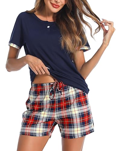 Irdcomps Schlafanzug Damen Kurz Karierter Pyjama Baumwolle Shorty Zweiteilige Pyjamas Set Frauen Nachtwäsche Schlafanzüge Hausanzug Kurzarm T-Shirt Rundhals Short Kariert mit Gummibund Sommer Blau S von Irdcomps