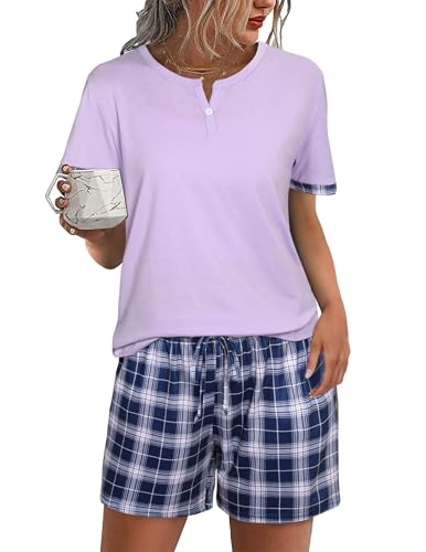 Irdcomps Schlafanzug Damen Kurz Pyjama Shorty Sommer Baumwolle Nachtwäsche Set Kurzarm Karierte Schlafanzüge Lila XL von Irdcomps