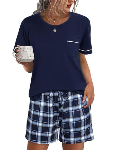 Irdcomps Schlafanzug Damen Kurz Pyjama Shorty Sommer Baumwolle Zweiteilige Nachtwäsche Schlafanzüge Rundhals Blau XXL von Irdcomps