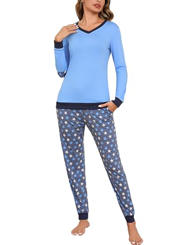Irdcomps Schlafanzug Damen Lang Pyjama Baumwolle Winter Nachtwäsche Set V-Ausschnitt Dunkelblau XL von Irdcomps