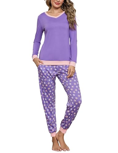 Irdcomps Schlafanzug Damen Lang Pyjama Baumwolle Winter Nachtwäsche Set V-Ausschnitt Sterne Lila XL von Irdcomps