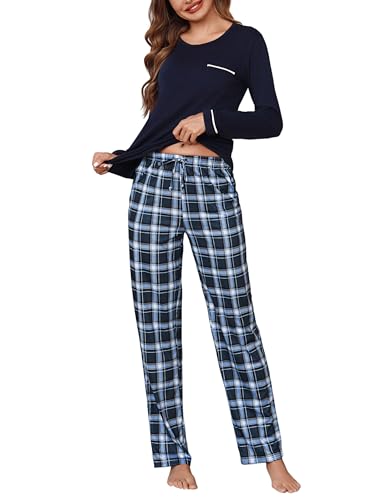 Irdcomps Schlafanzug Damen Lang Pyjama Baumwolle Winter Zweiteilige Nachtwäsche Set Karierte Pyjamahose Langarm Sleepwear Navyblau M von Irdcomps