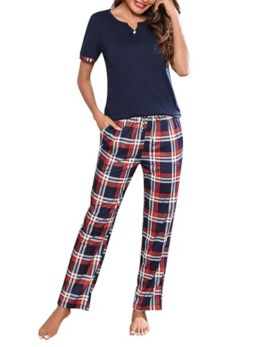 Irdcomps Schlafanzug Damen Pyjama Set Baumwolle Kurzarm Shirt mit Langer Pyjamahose Karierte Zweiteilige Nachtwäsche Set Navyblau M Irdcomps Schlafanzug Damen Pyjama Set Baumwolle Kurzarm Shirt mit Langer Pyjamahose Karierte Zweiteilige Nachtwäsche Set Navyblau M von Irdcomps