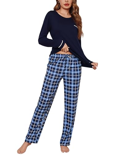 Irdcomps Pyjama Damen Lang Schlafanzug Baumwolle Winter Set Zweiteilige Nachtwäsche Karierte Schlafanzughose Langarm Nightwear Blau XXL von Irdcomps