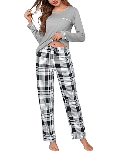 Irdcomps Schlafanzug Damen Pyjama Lang Baumwolle Winter Set Zweiteilige Nachtwäsche Karierte Schlafhose Langarm Loungewear Grau L von Irdcomps