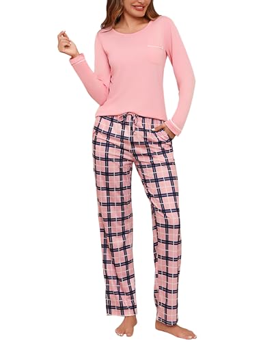 Irdcomps Schlafanzug Damen Lang Pyjama Set Baumwolle Schlafanzüge Winter Nachtwäsche mit Kariert Hose Sleepwear Zweiteiler Rosa XL von Irdcomps