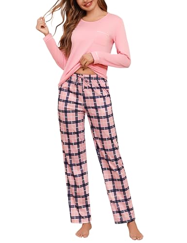 Irdcomps Schlafanzug Damen Lang Pyjama Baumwolle Winter Zweiteilige Nachtwäsche Set Karierte Pyjamahose Langarm Sleepwear Rosa XXL von Irdcomps