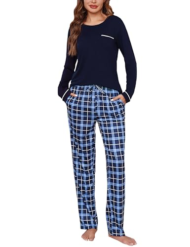 Irdcomps Schlafanzug Damen Lang Pyjama Set Baumwolle Schlafanzüge Winter Nachtwäsche mit Kariert Hose Sleepwear Zweiteiler Blau M von Irdcomps